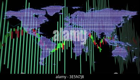 Displaying dotted purple world map on dark screen, showing green bars and red-green candles Stock Photo