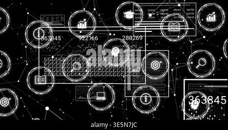Displaying central keyboard grid in abstract interface, showing UI panels, icons, nodes, numbers Stock Photo