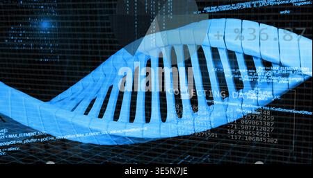 Displaying 3D blue DNA helix glowing and streaming code across virtual lab grid, COLLECTING label Stock Photo