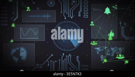 Scanning central radar scanner sweeping on console, showing waveform, line chart, network graph Stock Photo