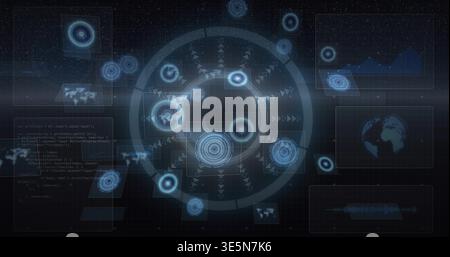 Displaying central holographic HUD pulsing rings, arrows and nodes on dark grid with maps and code Stock Photo
