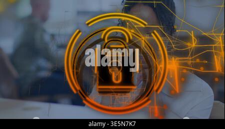 Projecting holographic padlock and circular HUD over open office, woman in white blouse Stock Photo