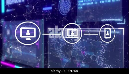 Connecting desktop, laptop, smartphone icons over global map, showing network nodes and holo panels Stock Photo