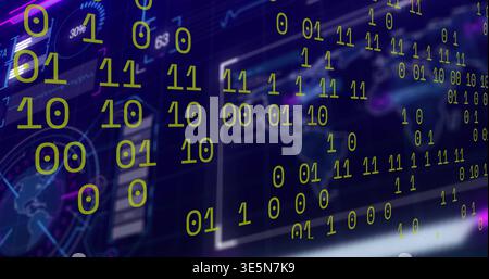 Streaming floating green binary digits 0s and 1s flowing across command center, with neon displays Stock Photo