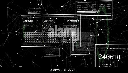 Displaying central HUD panel showing dense grid with numeric readouts in cyberspace, with nodes Stock Photo