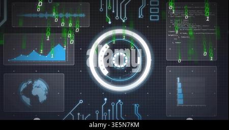 Displaying concentric HUD element pulsing at center of control console, with falling binary digits Stock Photo