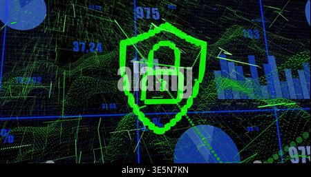 Glowing neon green shield with padlock icon centering network dashboard, showing wireframes, data Stock Photo