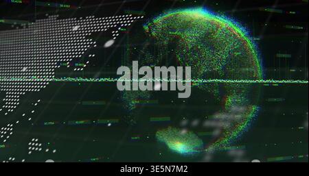 Rotating particle-based globe showing RGB point cloud at virtual HUD, with dotted map and scanline Stock Photo