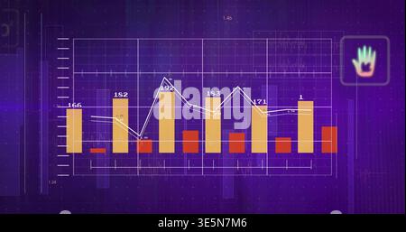 Displaying purple-panel chart showing tall-gold or red paired bars white-line markers num-axes-badge Stock Photo