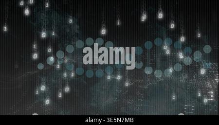 Rotating central double-helix of nodes floating in cyberspace, revealing falling binary digits Stock Photo