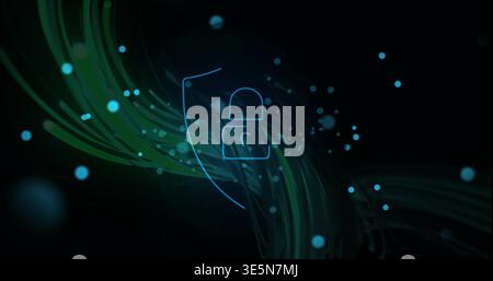 Glowing neon-blue padlock outline resting in partial shield in digital void, flowing light trails Stock Photo