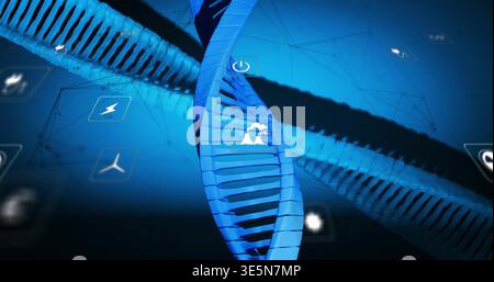 Displaying blue DNA double helix glowing in virtual 3D visual, showing floating icon tiles Stock Photo