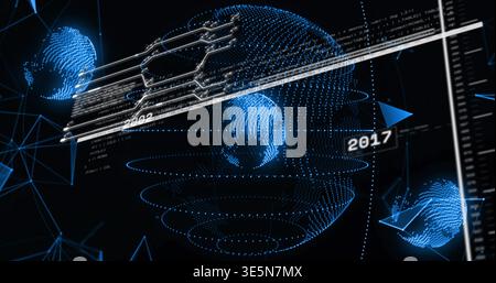 Rotating central blue point-cloud globe at center in virtual cyberspace, showing wireframe nodes Stock Photo