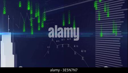 Displaying digital dashboard pulsing on screen, showing green binary streams, jagged line graph Stock Photo