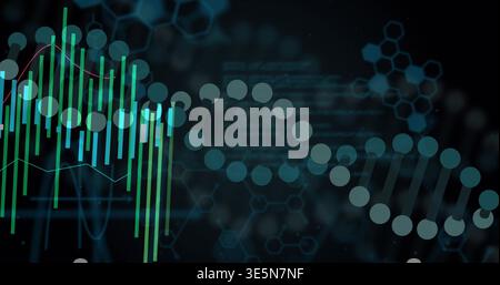 Displaying stylized DNA double-helix curving across digital dashboard, with teal bars and waveform Stock Photo