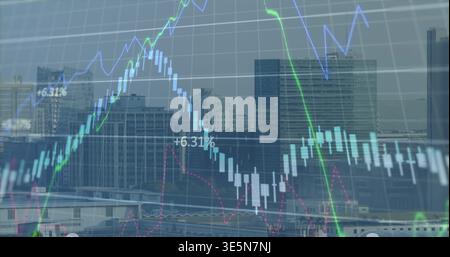Displaying superimposed candlestick chart and green blue line graphs over downtown rooftops, +6 Stock Photo