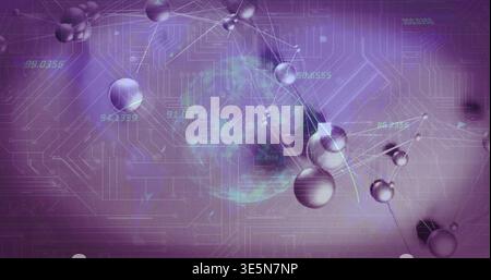 Glowing metallic purple spheres forming network in digital space with rods, circuits, cyan data Stock Photo