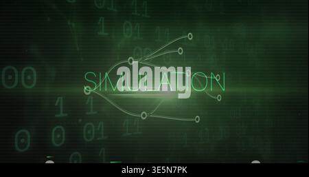 Glowing SIMULATION text and node map emitting neon green light on dark grid showing binary digits Stock Photo