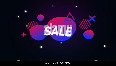 Showing central gradient blob featuring SALE on dark banner, with shapes and white stars Stock Photo