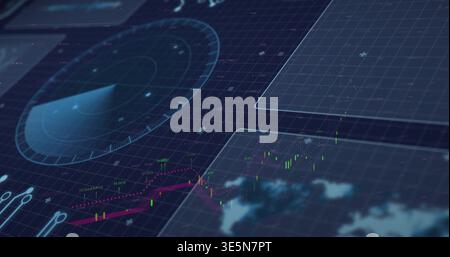 Displaying radar dial rotating with sweep arc on dark grid, showing candlesticks and magenta trend Stock Photo