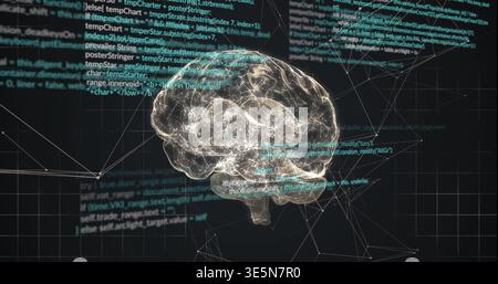 Floating translucent 3D brain hologram pulsing neural pathways and nodes in virtual grid, with code Stock Photo