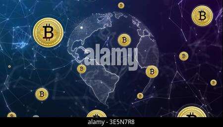 Rotating dotted globe showing Americas in digital network, with glowing nodes, web, Bitcoin coins Stock Photo
