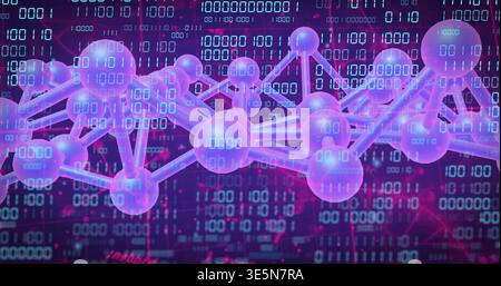 Pulsing glowing node and rod network occupying center in 3D data space, showing binary overlay Stock Photo