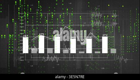 Displaying centered white bar-and-line chart with numeric labels and cascading green binary digits Stock Photo