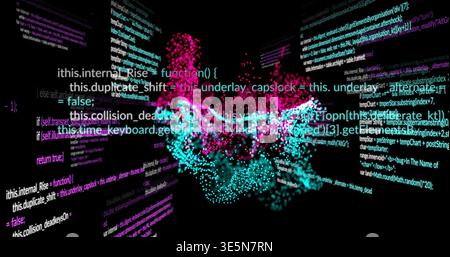 Glowing central particle cloud swirling in virtual 3D data space, with overlaid code text panels Stock Photo