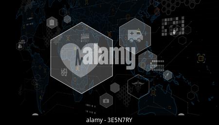 Displaying central hexagon with heart and EKG waveform on global-health dashboard, linking nodes Stock Photo