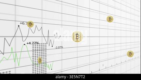 Displaying Bitcoin chart on white dashboard grid showing black jagged line, green trend, gold coins Stock Photo