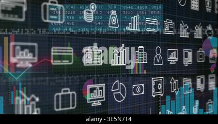 Displaying finance overlay floating on dashboard, with bar charts line graphs and numeric matrix Stock Photo