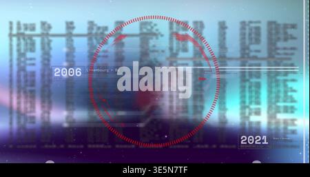 Displaying central red reticle overlaying blurred globe in HUD, showing 2006 2021 and data columns Stock Photo