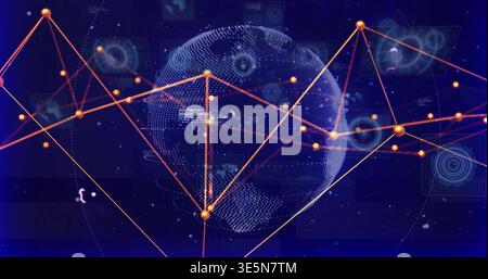 Rotating stylized blue dotted globe pulsing in virtual interface, with orange nodes and HUD Stock Photo