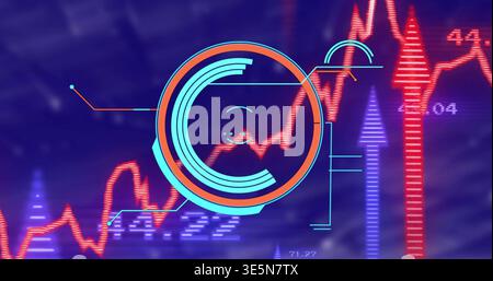 Displaying central HUD with cyan orange rings on purple-blue dashboard, showing red jagged chart Stock Photo