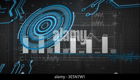 Displaying digital HUD showing concentric blue radar and bar line charts on dark grid, ECG traces Stock Photo