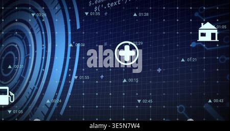 Displaying central medical cross glowing in blue UI, with radar rings, house and fuel markers Stock Photo