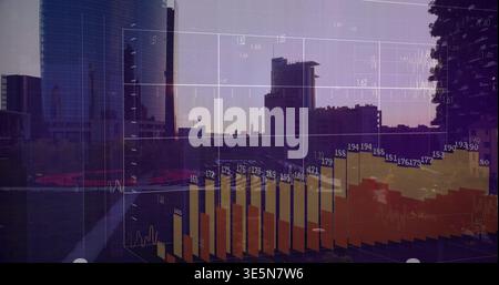 Overlaying city skyline with translucent 3D bar chart across lawn and path at dusk, showing labels Stock Photo