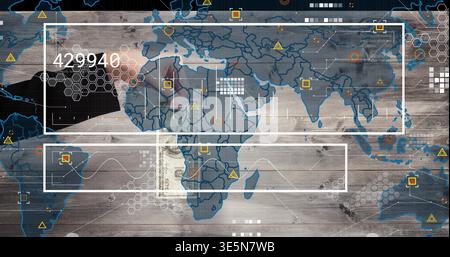 Displaying world map on wooden plank, showing two data frames, hex grids, numeric 429940, banknote Stock Photo