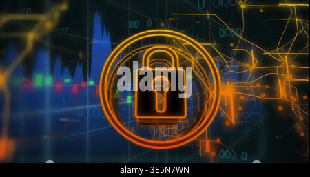 Glowing neon padlock icon hovering over dark dashboard, with candlestick charts, circuit traces Stock Photo