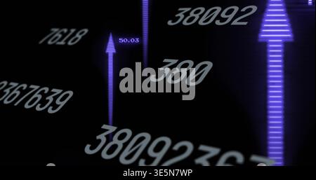 Displaying 38092367 centered, floating on dark dashboard, showing vertical neon purple arrows 50 Stock Photo