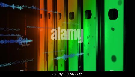 Displaying translucent panels with circular cutouts and seams in exhibit, blue waveform overlays Stock Photo