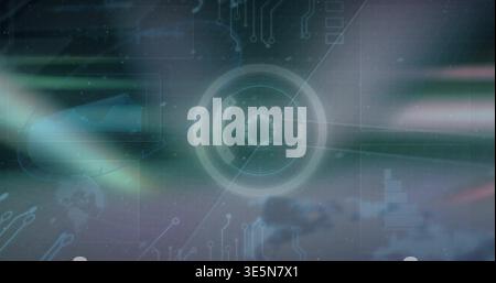 Rotating central circular HUD projecting soft glow over cloud-like backdrop, with circuit traces Stock Photo