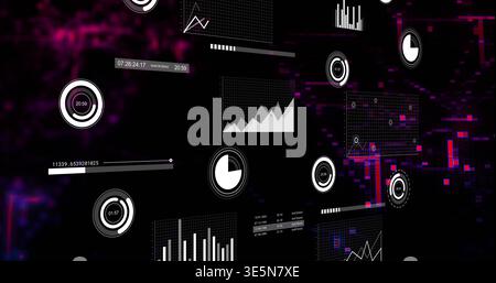 Displaying floating panels in dark virtual UI, showing gauges, charts, readouts, magenta clusters Stock Photo
