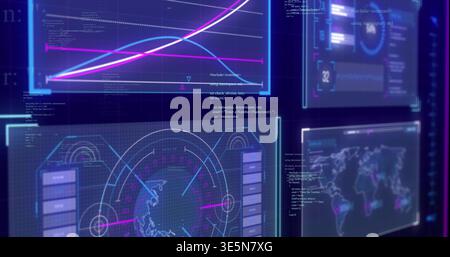 Displaying layered HUD panels filling control screen, showing two-line chart, radar globe, heatmap Stock Photo