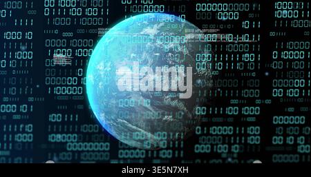 Rotating digital Earth globe hovering in dark void, streaming binary digits and HUD panels Stock Photo