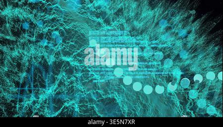 Displaying turquoise point-cloud wave moving in digital network, with wireframe mesh and code Stock Photo