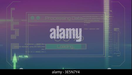Displaying HUD panel showing Processing Data and 88% on purple-teal backdrop, Loading bar, code Stock Photo