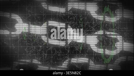 Displaying interlocking chain link graphic over dark tech dashboard, showing code panels and nodes Stock Photo