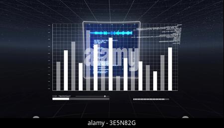 Displaying translucent vertical bar chart and waveform panel in 3D grid, slider and numeric readout Stock Photo